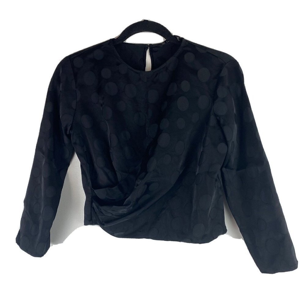 Zara Basic Women's Polka Dot Blouse Size S Crew Neck Cropped Black Crop Top